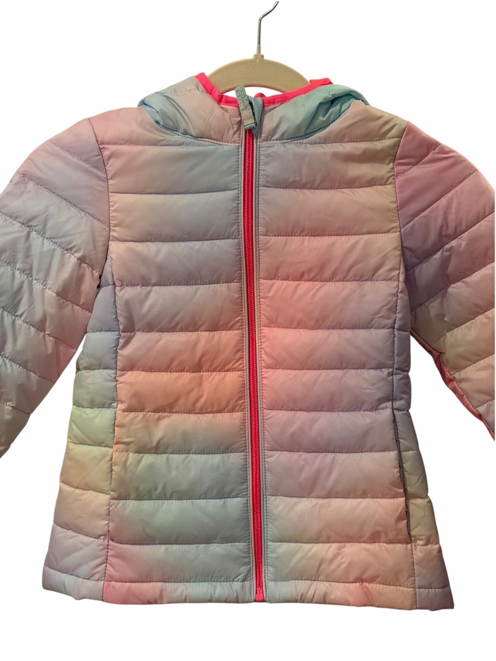 Amazon Essentials Girls Pastel Rainbow Ombre Hooded Puffer Jacket S 6-7